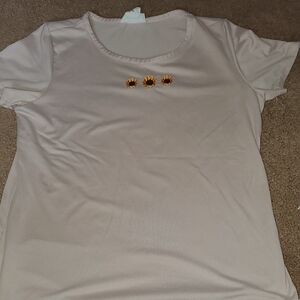 Girls' Cream Short Sleeve Tee with Sunflower Embellishments